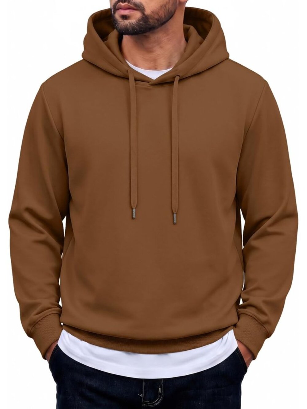 Coofandy Men's Light Brown Long Sleeve Pullover Adjustable Drawstring Hoodies